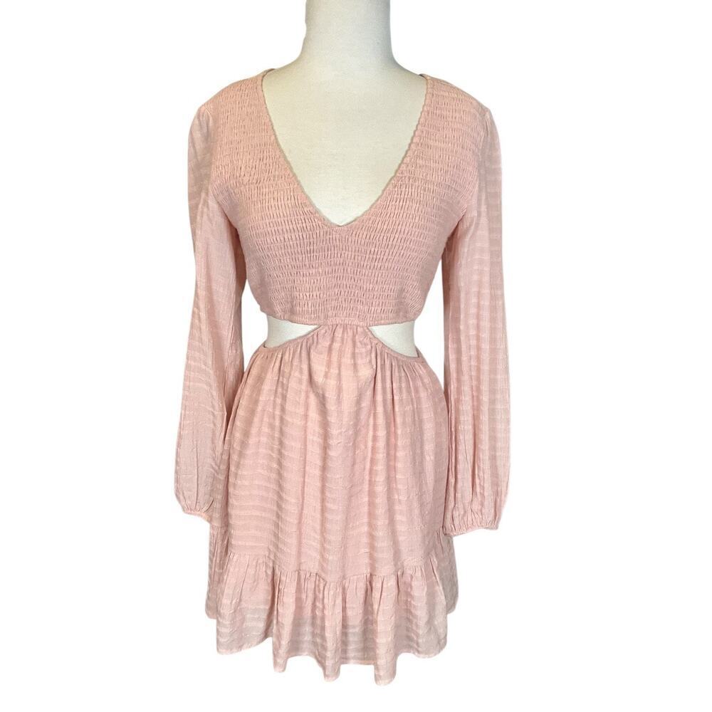 Alter’d State Blush Pink Smocked Cutout Dress M Boho Romantic Long Sleeve